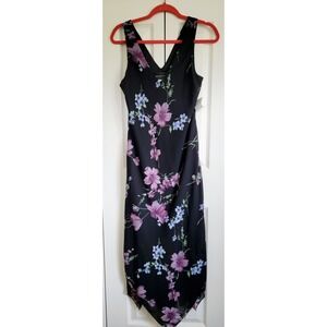 Connected Apparel 14 Black Floral Dress Angle Bottom‎ Sleeveless Waist Tie NWT